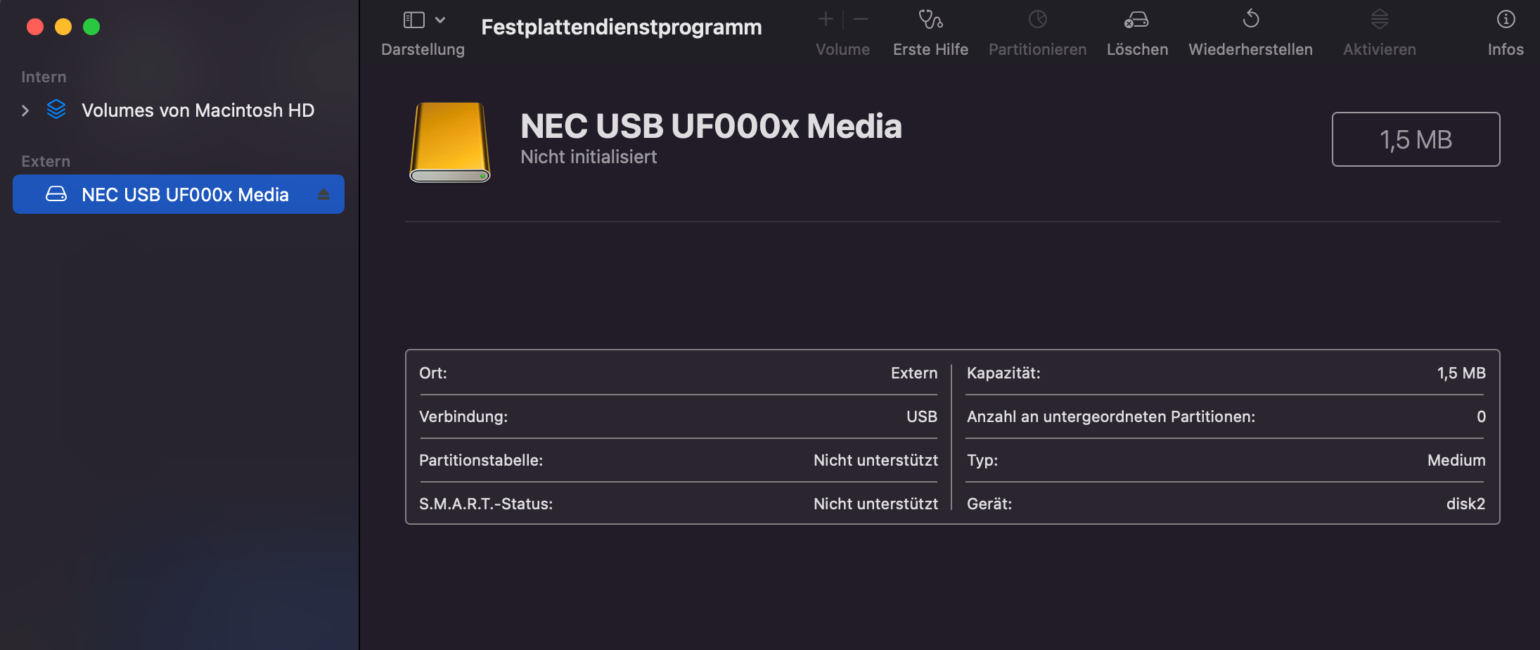 Die ist ein Screenshot vom Festplattendienstprogramm auf dem Mac. Das Gerät wird als "NEC USB UF000x Media" erkannt